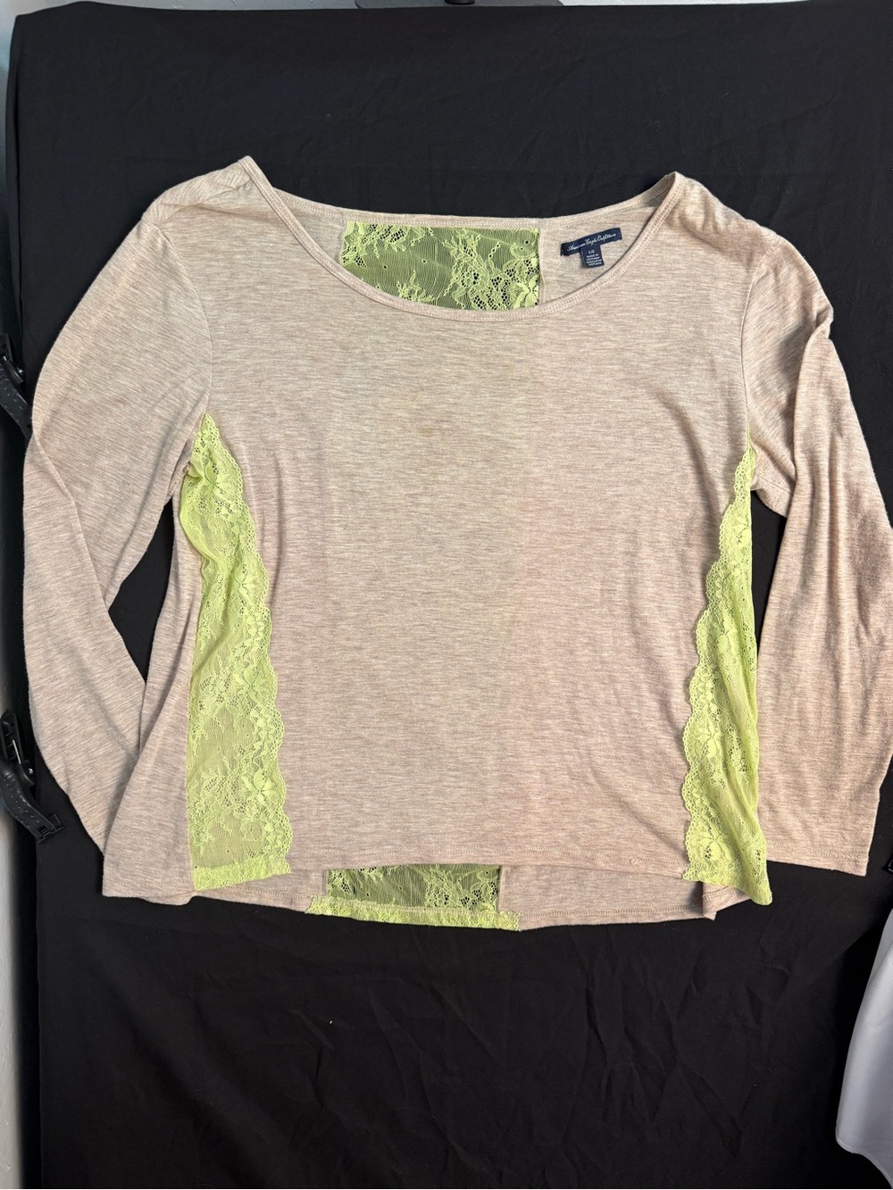American Eagle- Long Sleeve Top - Beige with Lime Green Lace